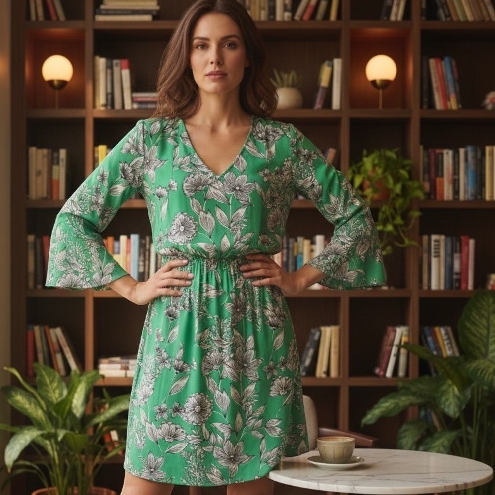 NWOT A New Day Green Floral VNeck Bell Sleeve Mini Dress Women Small Boho Spring